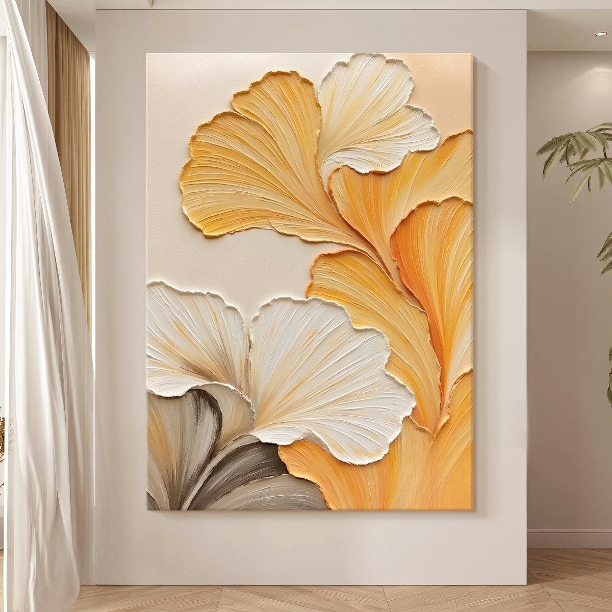 100% Handmade Heavy Palette Knife 3D Embossed Warm Golden Ginkgo Leaf Oil Painting, Vertical Luxury Warm Yellow Gradient Ginkgo Wall Decor For Entryway & Living Room Symbolizing Wealth - Image 2