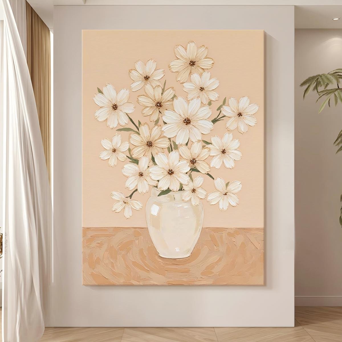 100% Handmade Heavy Palette Knife 3D Embossed Cream White Daisy Vase Floral Oil Painting, Vertical Elegant White Flower Healing Wall Decor For Bedroom Entryway With Warm Apricot Background - Image 2