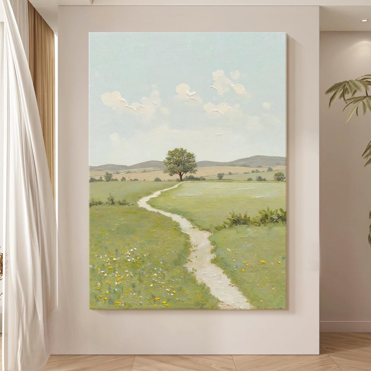 100% Handmade Heavy Palette Knife 3D Texture Lone Tree Country Path Wilderness Oil Painting, Vertical Healing Wall Decor With Pale Blue Sky Wildflower Meadow For Entryway & Living Room - Image 2