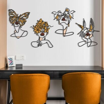 Abstract line art metal wall decor set, minimalist women face silhouette metal wall hanging