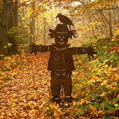 Rust metal scarecrow with crow garden stake, autumn fall yard silhouette decor