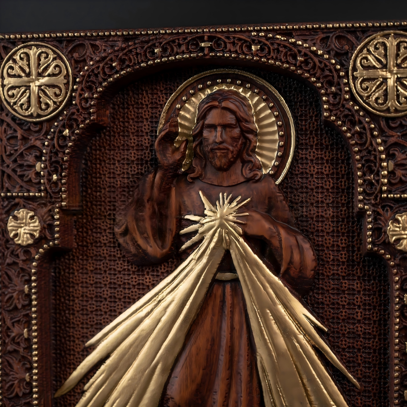 Divine Mercy 3D Relief Hand Carved Wooden Plaque Catholic Altar Wall Decor - Image 3