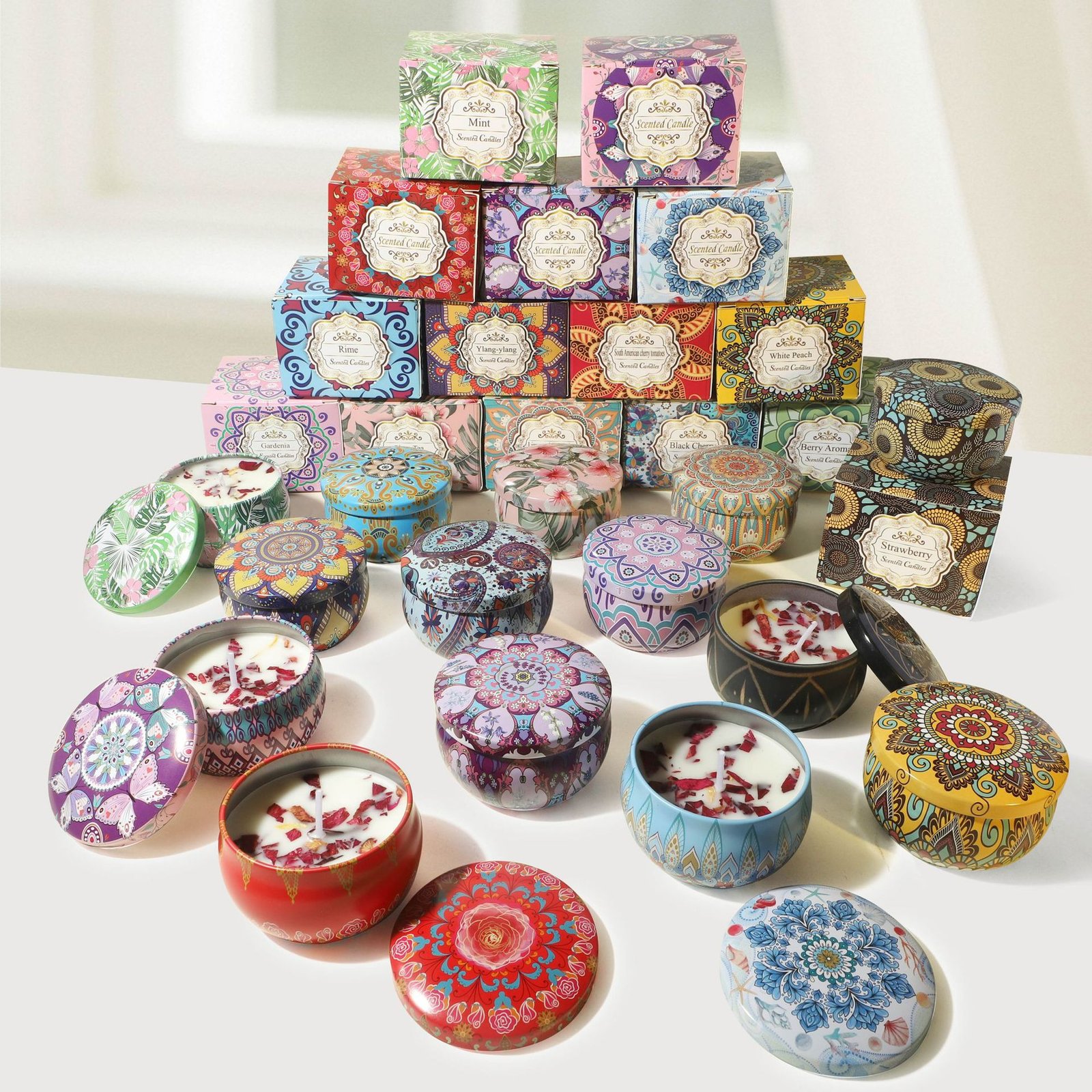 Boho Mandala Printed Tin Scented Candle, Natural Soy Wax Dried Flower Aroma, Portable Travel Tin Sleep Aid Candle Souvenir & DIY Scented Supply - Image 2