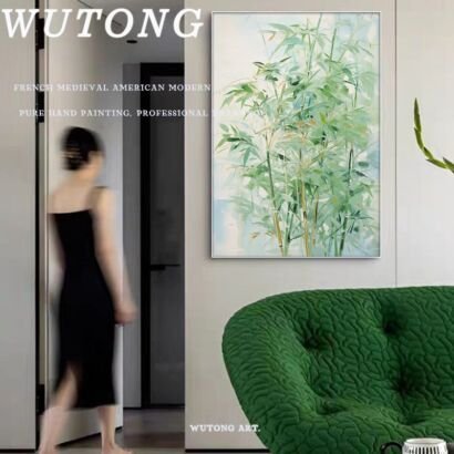 Vertical fresh green bamboo painting, light tone plant canvas, oriental minimalist living room wall art