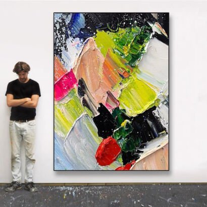 Vertical colorful thick impasto abstract painting, bold multicolour textured canvas, modern art studio large wall artwork