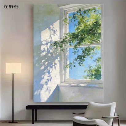 Vertical painting of window view with green leaves and sunlight, fresh light scenery canvas, modern minimalist living room wall art