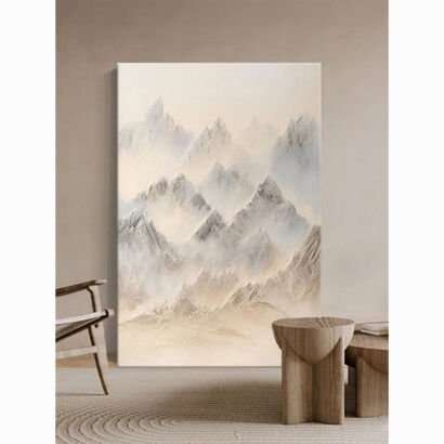 Vertical wabi-sabi mountain landscape painting, misty layered mountain texture canvas, new neutral Chinese foyer wall art