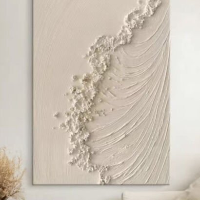 Vertical beige textured abstract painting, 3D thick impasto ocean wave canvas, wabi-sabi minimalist wall decor