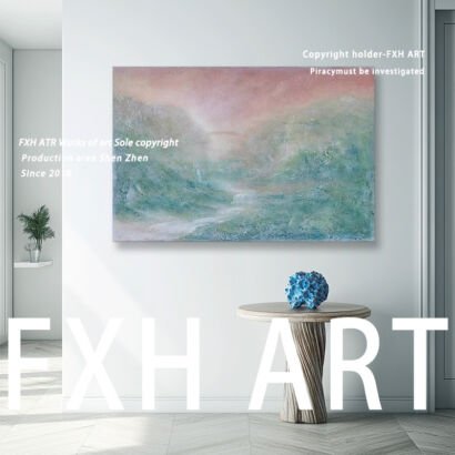 Horizontal soft tone landscape oil painting, misty mountain stream textured canvas, fresh minimalist living room wall art