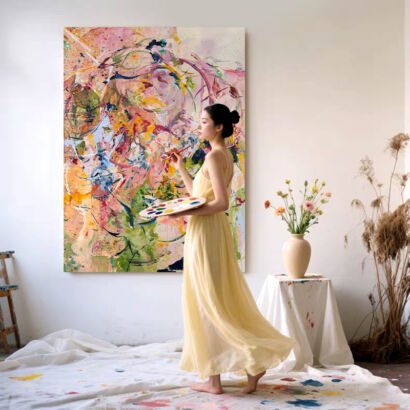 Vertical colorful splash abstract painting, pink green mixed pigment texture canvas, art studio large wall artwork