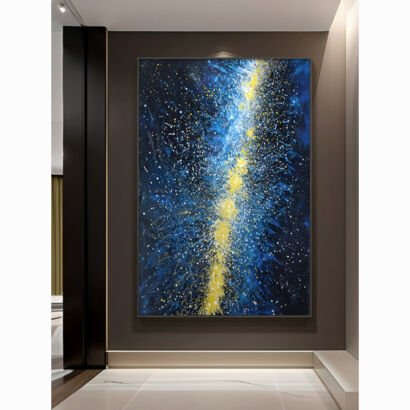Vertical abstract galaxy canvas painting, deep blue starry sky textured artwork, modern luxury entryway wall decor