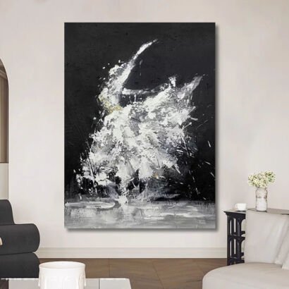 Vertical abstract ballet dancer painting, black and white thick impasto ballerina canvas, modern minimalist living room wall art
