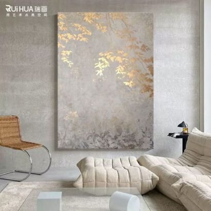 Vertical wabi-sabi painting, golden ginkgo leaf texture canvas, grey neutral wall art for minimalist living room