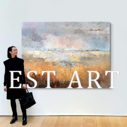 Horizontal abstract wilderness landscape painting, muted tone textured grassland canvas displayed in art gallery