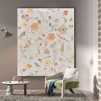 Square textured abstract wildflower painting, multicolor scattered floral impasto canvas, modern leisure space wall art