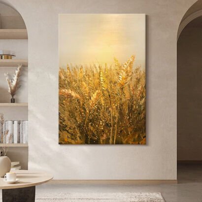 Vertical golden wheat field oil painting, sunrise harvest textured canvas, warm neutral entryway wall art