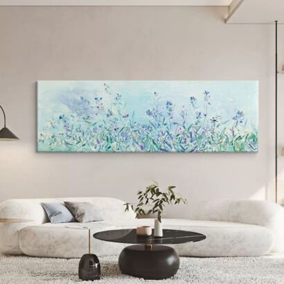 Horizontal light blue wildflower canvas painting, minimalist botanical long wall art above cream sofa