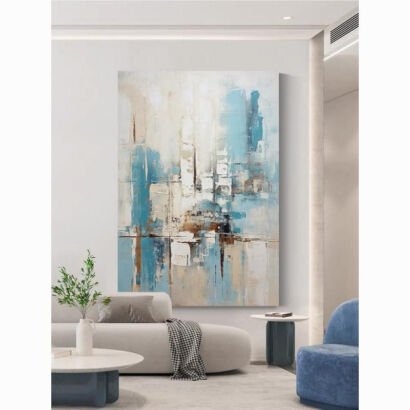 Vertical abstract cityscape canvas painting, turquoise and beige textured urban architecture wall art for modern living room