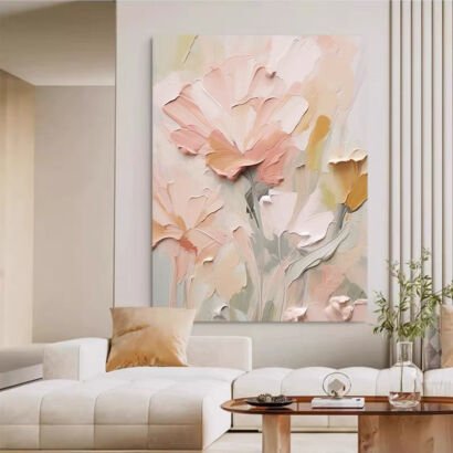Vertical thick impasto floral painting, soft pink poppy flower textured canvas, cream minimalist living room wall art