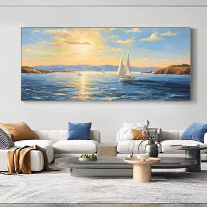 Horizontal seascape oil painting, sailing boats on ocean at sunset, modern living room sofa wall decor