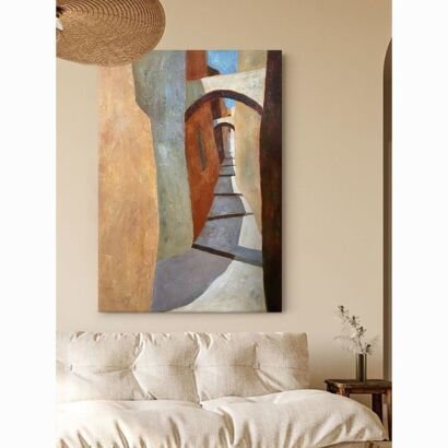 Vertical cubist abstract alley street canvas painting, warm earth tone town pathway wall art above beige sofa