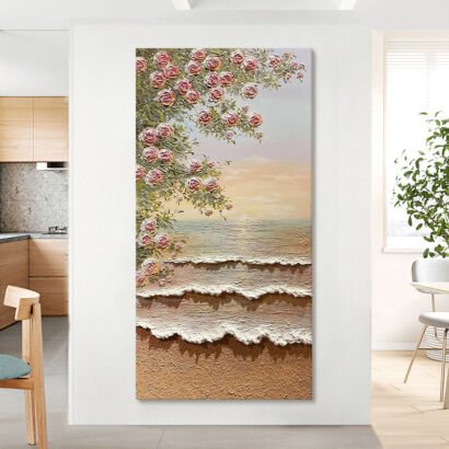 Vertical thick impasto canvas painting, pink roses overlooking sunset seaside beach, entryway wall art