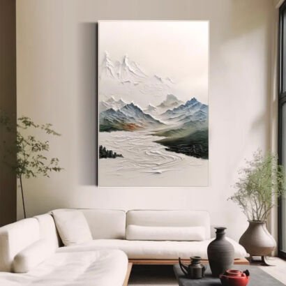Vertical textured impasto mountain landscape canvas painting, new Chinese wall art above white sofa