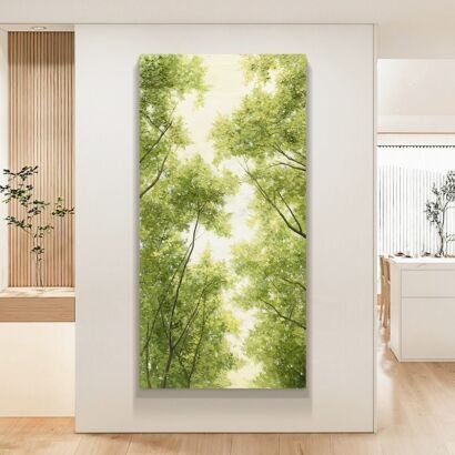 Vertical canvas wall art of upward view fresh green tree canopy, minimalist bright entryway decor