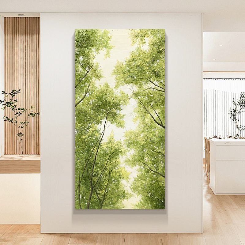 Vertical canvas wall art of upward view fresh green tree canopy, minimalist bright entryway decor
