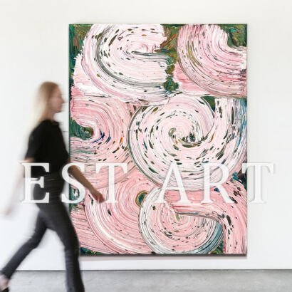 Large pink swirl impasto abstract canvas painting, woman walking beside artwork for scale reference