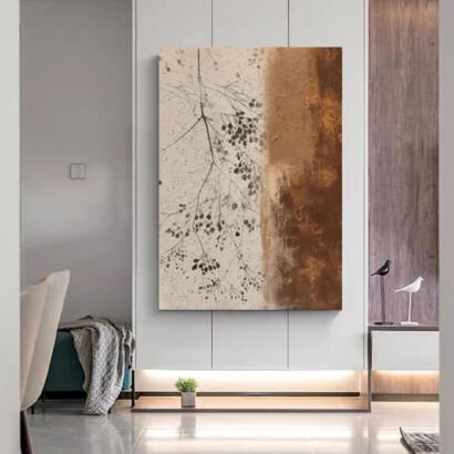 Vertical abstract wall art with dry branch pattern and earthy brown texture, hanging in minimalist entryway