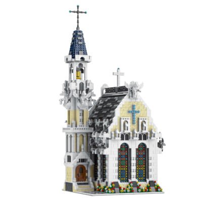 A detailed micro-building block model of a Gothic-style cathedral church featuring a tall steeple tower, stained glass windows, cross toppers, and colorful flower accents isolated on a white background.