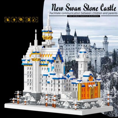 A detailed micro-building block model of Neuschwanstein Castle featuring white, blue, yellow, and orange bricks with snow-covered trees, set against a real photo background of the famous castle in winter.