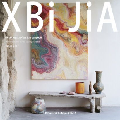 A large vertical textured abstract canvas painting with swirling, marble-like fluid patterns in shades of magenta, yellow, teal, and cream, displayed above a rustic stone bench with ceramic vases.