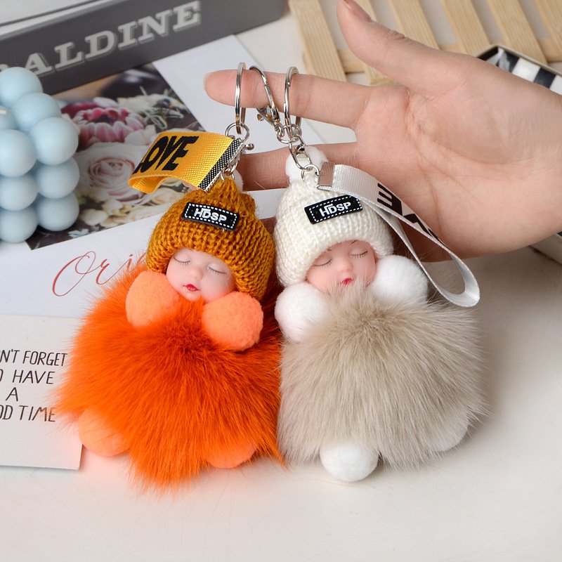Sleeping Baby Pom-pom Keychain With Knit Hat, Healing Faux Fox Fur Plush Charm, Girly Bag & Car Pendant, Gift For Best Friends - Image 2
