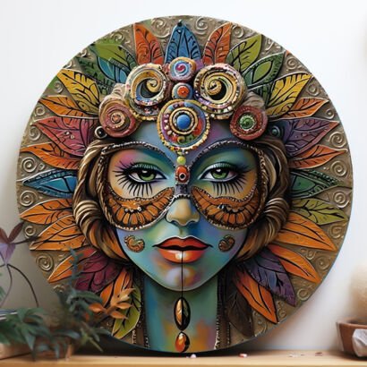 A round 3D textured canvas artwork featuring a mystical goddess face wearing an ornate masquerade mask and an intricate feathery crown in vibrant teal, orange, and gold tones.