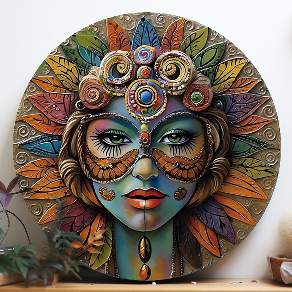 A round 3D textured canvas artwork featuring a mystical goddess face wearing an ornate masquerade mask and an intricate feathery crown in vibrant teal, orange, and gold tones.