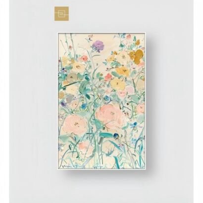 A vertical framed impressionist canvas painting depicting a pastel wildflower garden with soft pink roses, yellow buttercups, and purple blooms among green foliage on a cream background.
