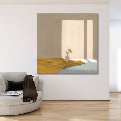 A modern square canvas painting featuring warm sunlight streaming through a window onto a bed with a yellow blanket and a potted plant's shadow on a neutral wall.