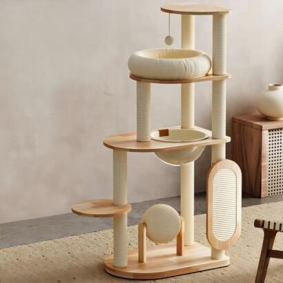 A modern light-wood multi-level cat tree featuring cream sisal-wrapped scratching posts, a round plush basket bed, a clear acrylic space capsule bowl, a top perching platform with a dangling ball toy, a spinning sisal ball, and an oval scratching pad attachment set in a stylish room.