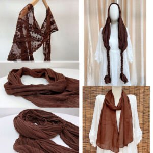 A collage of images showcasing a dark brown scarf in different styles and textures, including floral lace detail on a wooden hanger, textured crinkled fabric laid flat, and draped over a mannequin styled as a headwrap, braided scarf, and classic neck wrap.