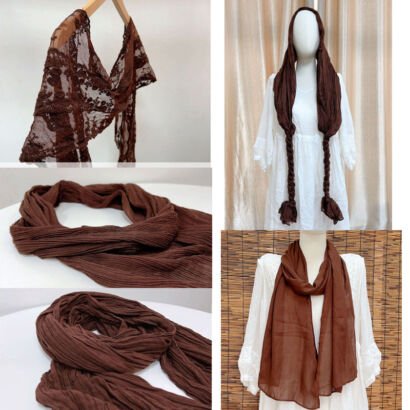 A collage of images showcasing a dark brown scarf in different styles and textures, including floral lace detail on a wooden hanger, textured crinkled fabric laid flat, and draped over a mannequin styled as a headwrap, braided scarf, and classic neck wrap.