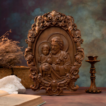 An upright oval wooden wall plaque featuring a detailed high-relief carving of Saint Joseph holding the Christ Child in dark wood, enclosed within an elaborate Baroque-style scrolling acanthus leaf frame, displayed on a table next to a candlestick and a book.
