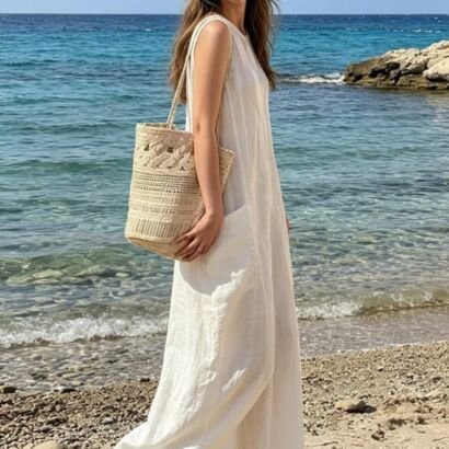 A woman in a sleeveless white linen maxi dress carrying a handcrafted beige straw tote bag with intricate open-weave patterns while standing on a sandy beach next to clear ocean water.