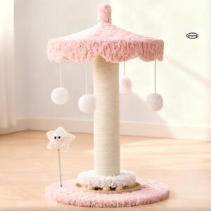 A pink carousel-themed cat scratching post featuring a plush pink umbrella canopy, sisal rope wrapped central post, hanging white pom-pom plush balls, a spring star toy on the base, and a plush pink circular platform.