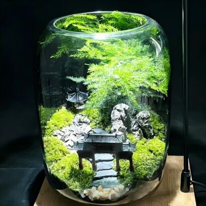 A round, clear glass terrarium displaying a miniature Chinese courtyard landscape with traditional archways, delicate fern foliage, natural rock pillars, lush green moss, and stone pathways set on a wooden base.