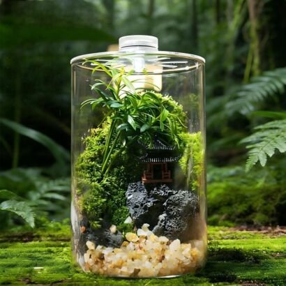 A clear cylindrical glass terrarium display set outdoors in a forest, featuring a miniature dark Chinese pagoda perched on black volcanic rock surrounded by lush green moss, plants, small pebbles, and an illuminated LED light built into the top cap.