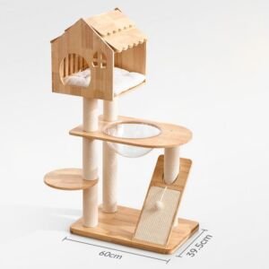 A multi-tier natural wood cat tree against a white background, featuring a wooden house-shaped top condo with a cushion, sisal-wrapped scratching posts, a middle platform with a transparent acrylic bowl hammock, a round side step, and an inclined scratching ramp with a dangling toy ball.