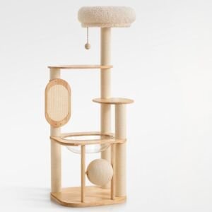 A multi-tier light wood cat tree featuring sisal-wrapped posts, a top plush round perch with a dangling toy ball, a clear acrylic space capsule bowl hammock, an oval scratching pad, and a large rotatable sisal scratching sphere near the base against a clean white background.