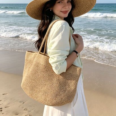 A smiling woman standing on a sandy ocean beach wearing a wide-brim straw hat and carrying a large natural woven straw tote bag over her shoulder.